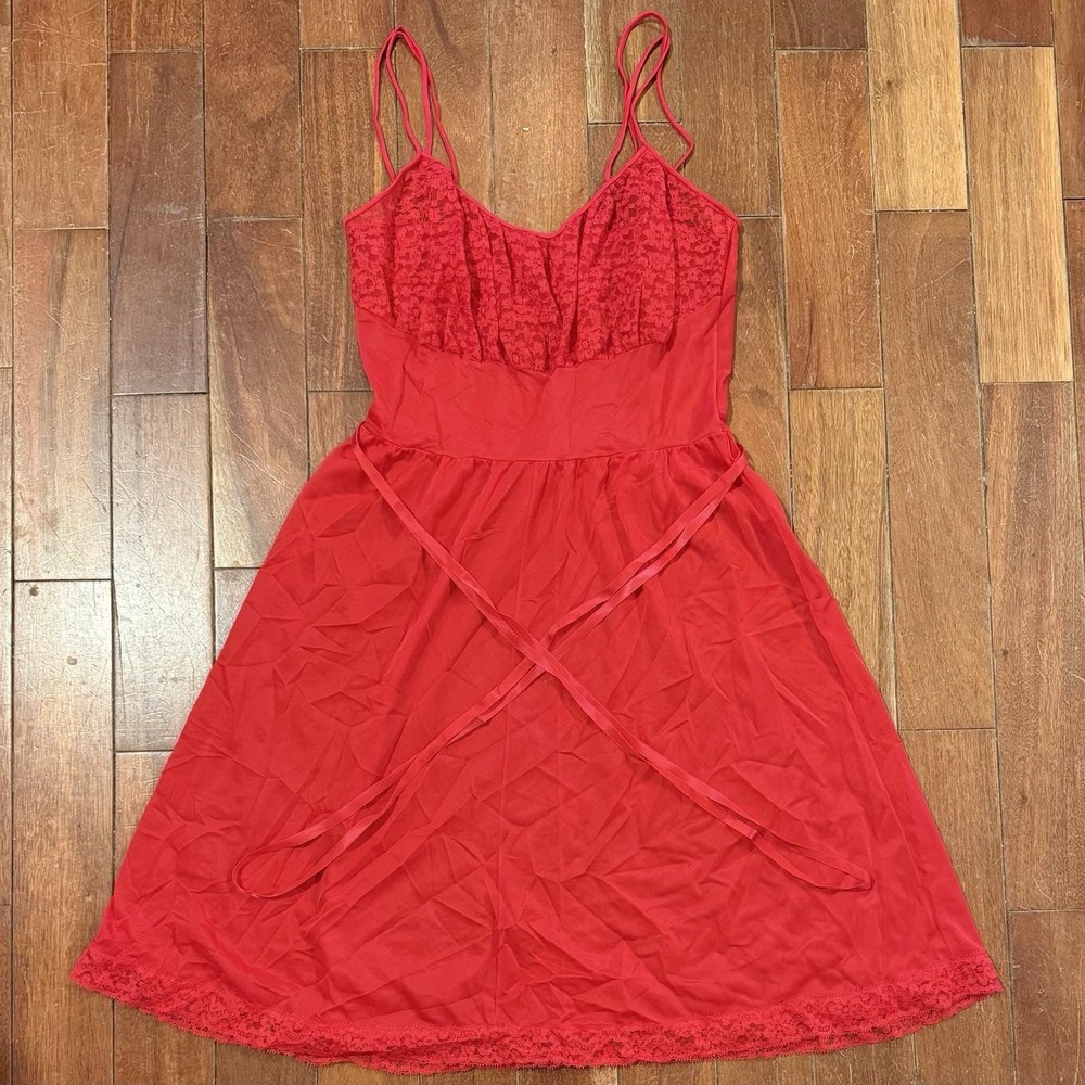 VTG Van Raalte Nightgown RED Nylon Lace Full Slip Myth Dress Lingerie Sz M‎